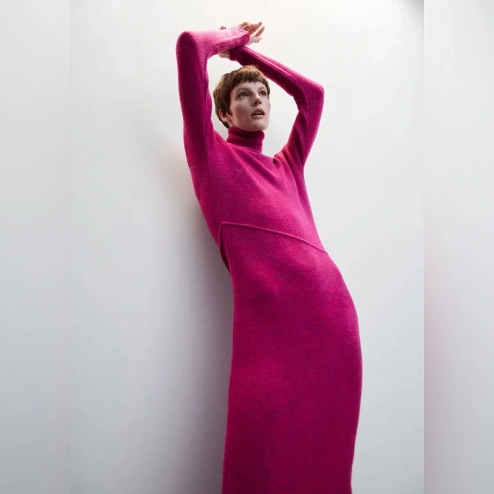MANGO Hot Pink Turtleneck Maxi Sweater Dress size 2